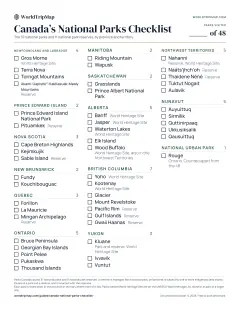 The printable national parks checklist: one page with Canada’s 48 national parks and reserves listed by province and territory, a box beside each.
