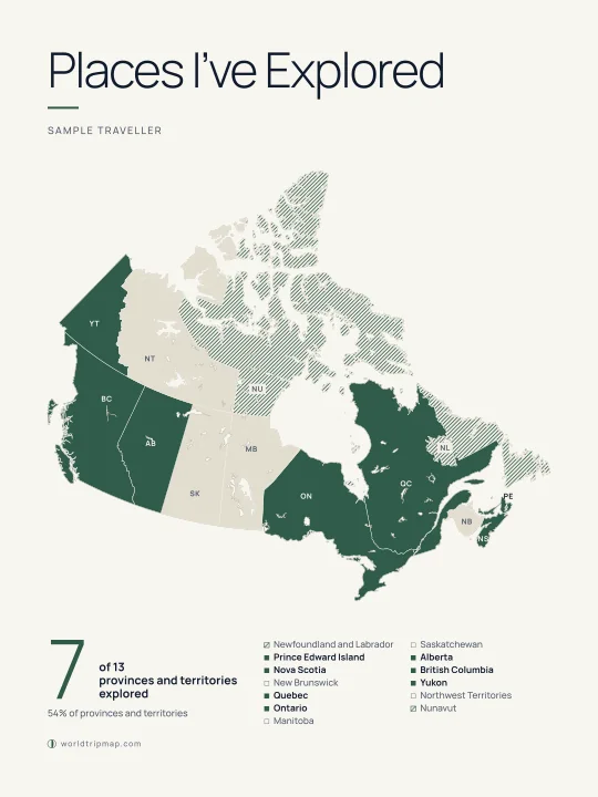 Example travel poster: Nordic Explorer, Canada, as an upright print. Sample data.