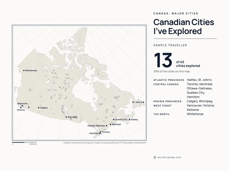Example travel poster: Modern Cartographer, Canadian cities, as a wide print. Sample data.