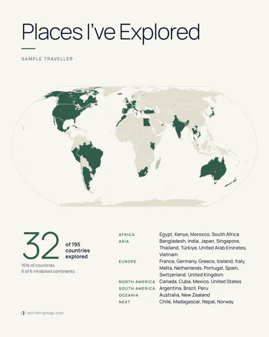 Example travel poster: Nordic Explorer, the world, as a 4:5 post. Sample data.